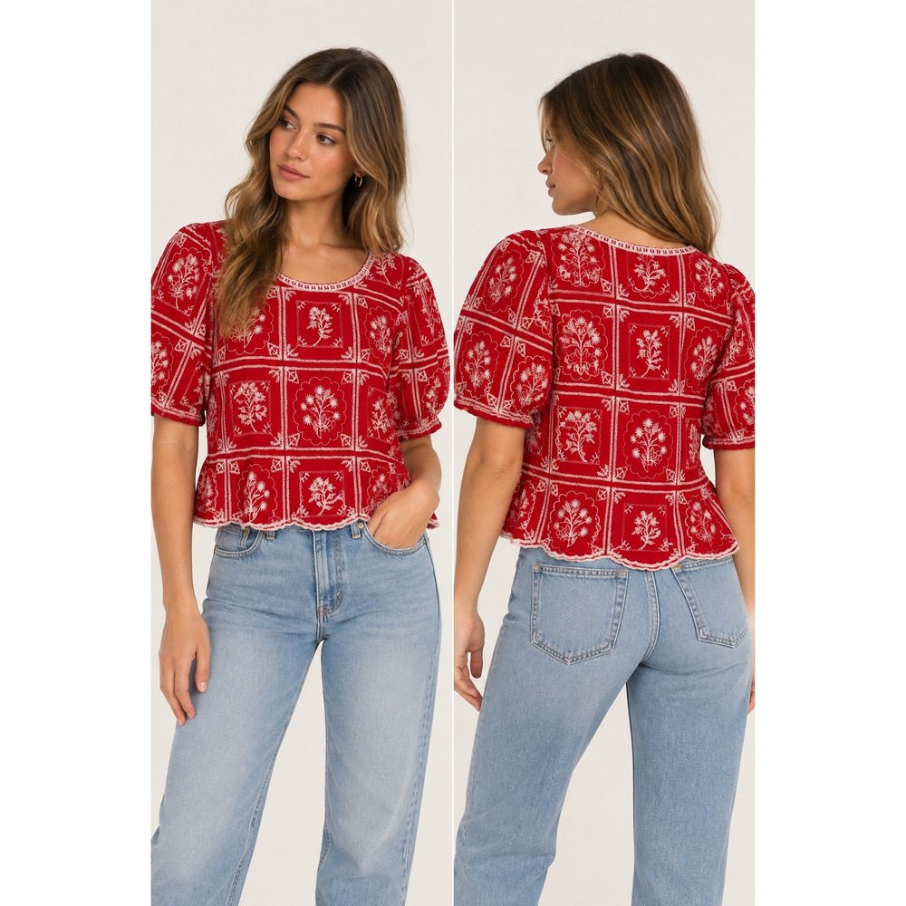 Solitaire Red White Floral Embroidered Peplum Puff Sleeve Blouse Large 24-800